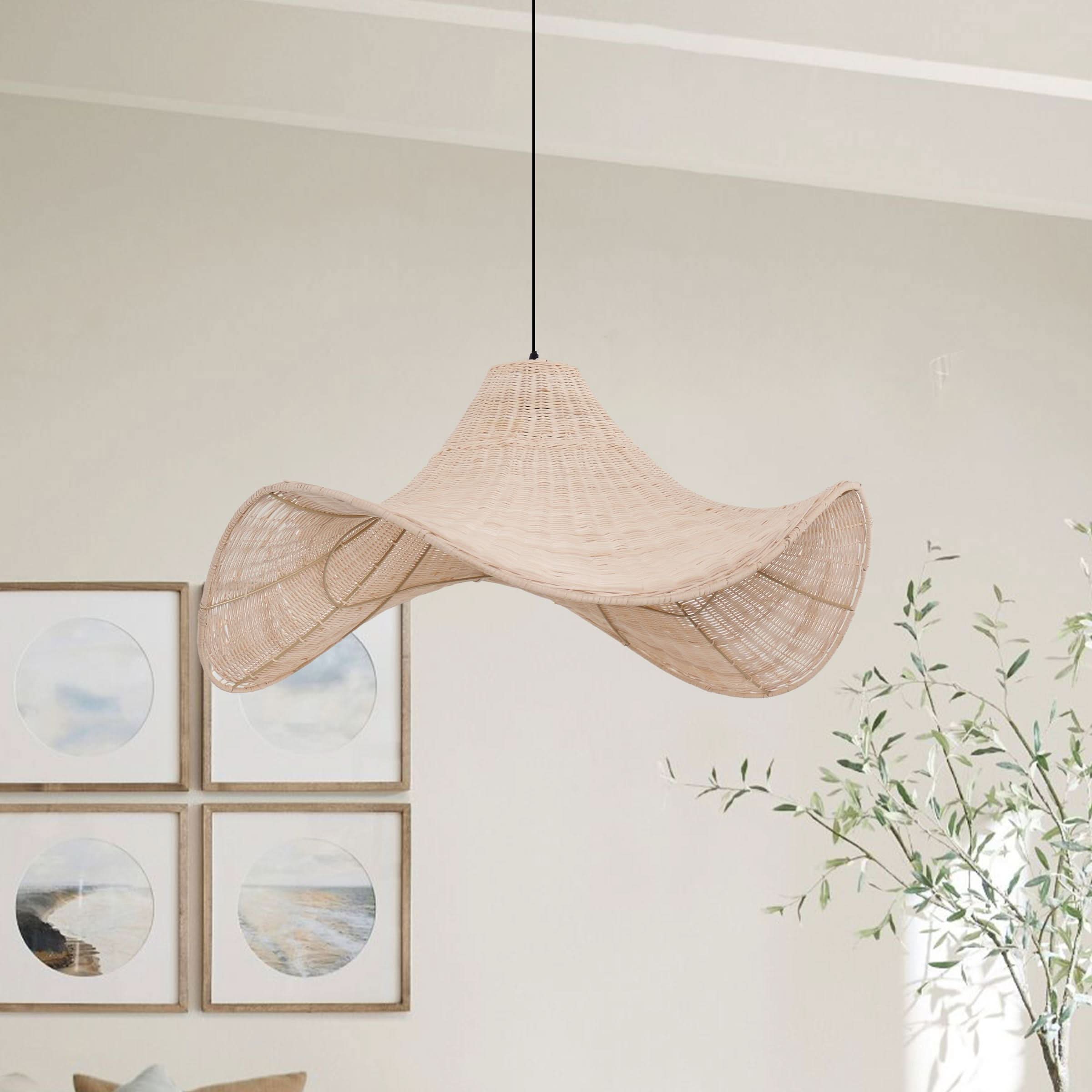 Lightsin Handwoven Rattan Pendant Light Natural & White Hat-Shaped Ceiling Light