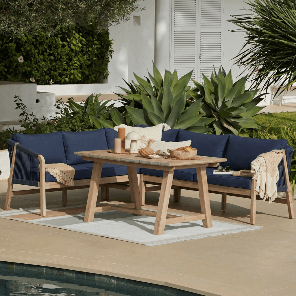 Shiro 5 Seater Wooden Garden Corner Sofa with Dining Table - Navy