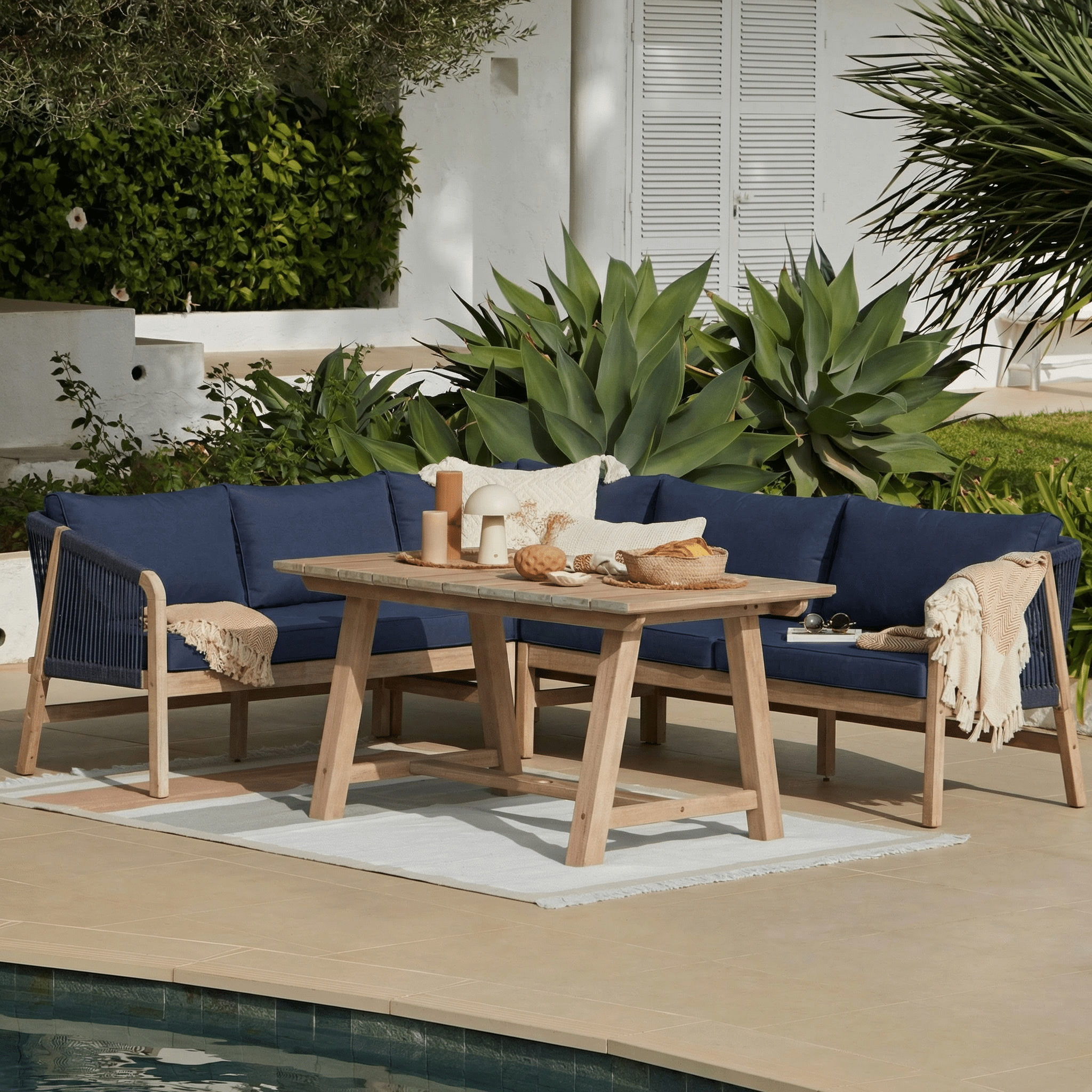 Shiro 5 Seater Wooden Garden Corner Sofa with Dining Table - Navy