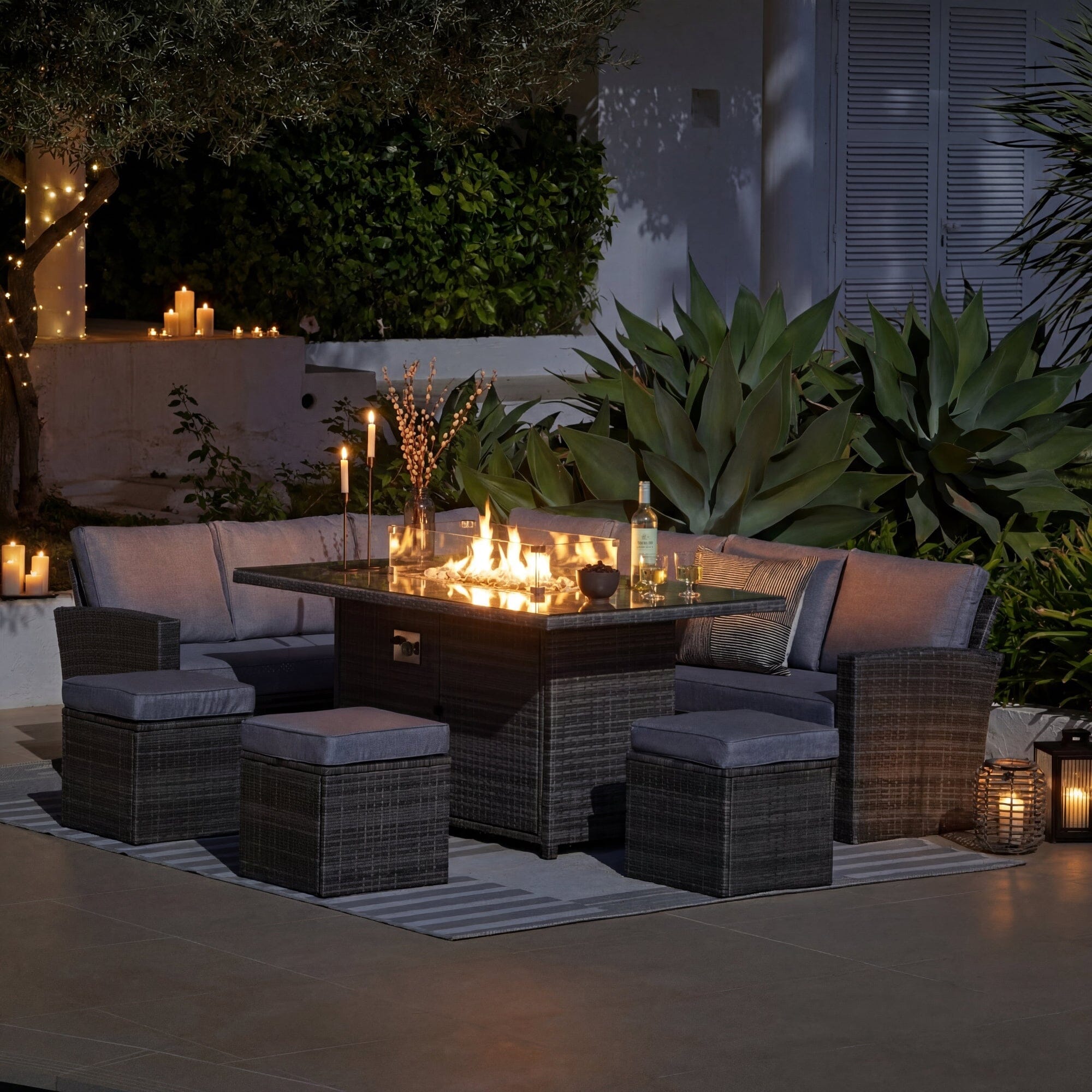 Aston 9 Seater Rattan Garden Corner Sofa Set with Fire Pit - Grey Weave