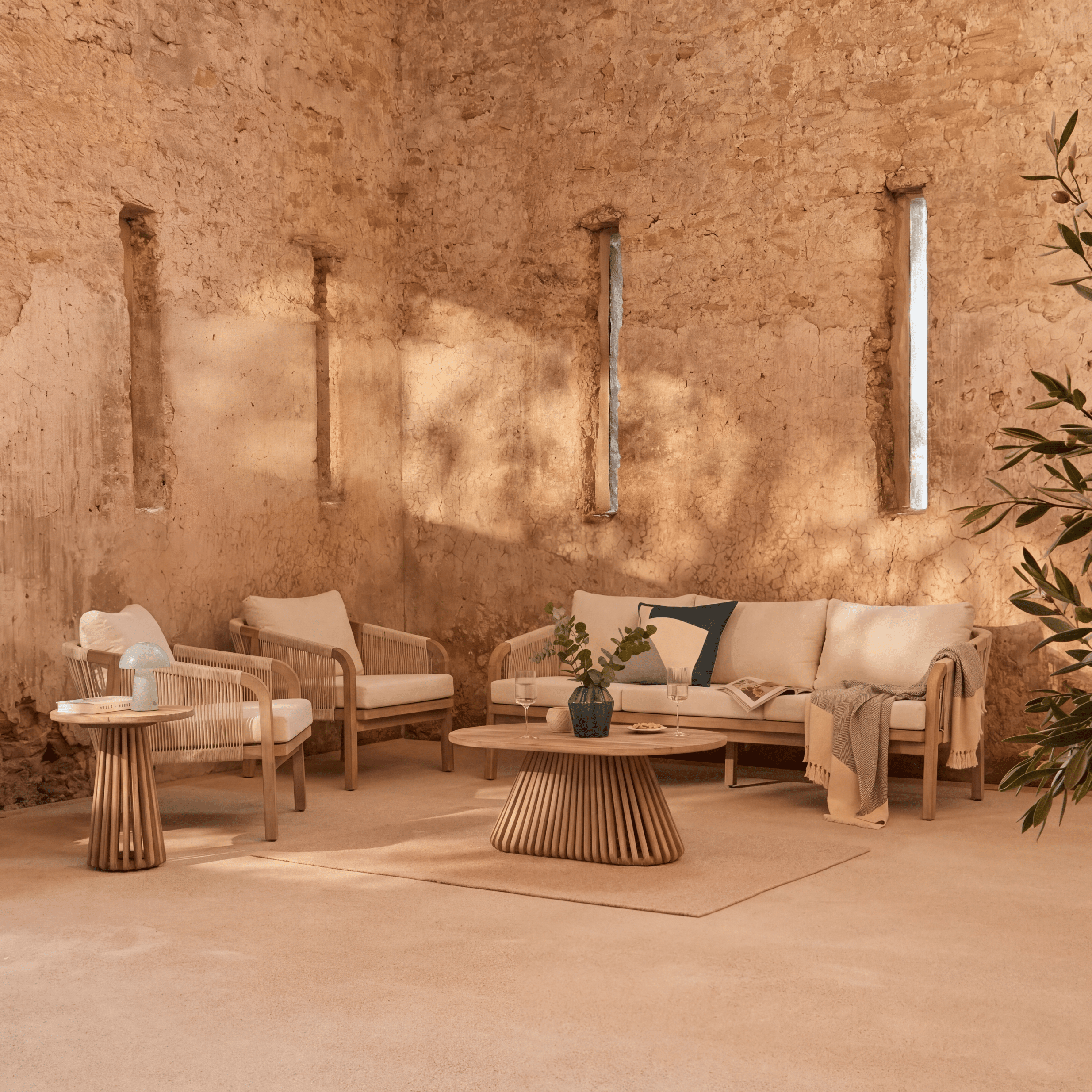 Shiro Wooden Garden Set with 3 Seater Sofa - 2 Shiro Sand Armchairs - Willow Coffee & Side Table