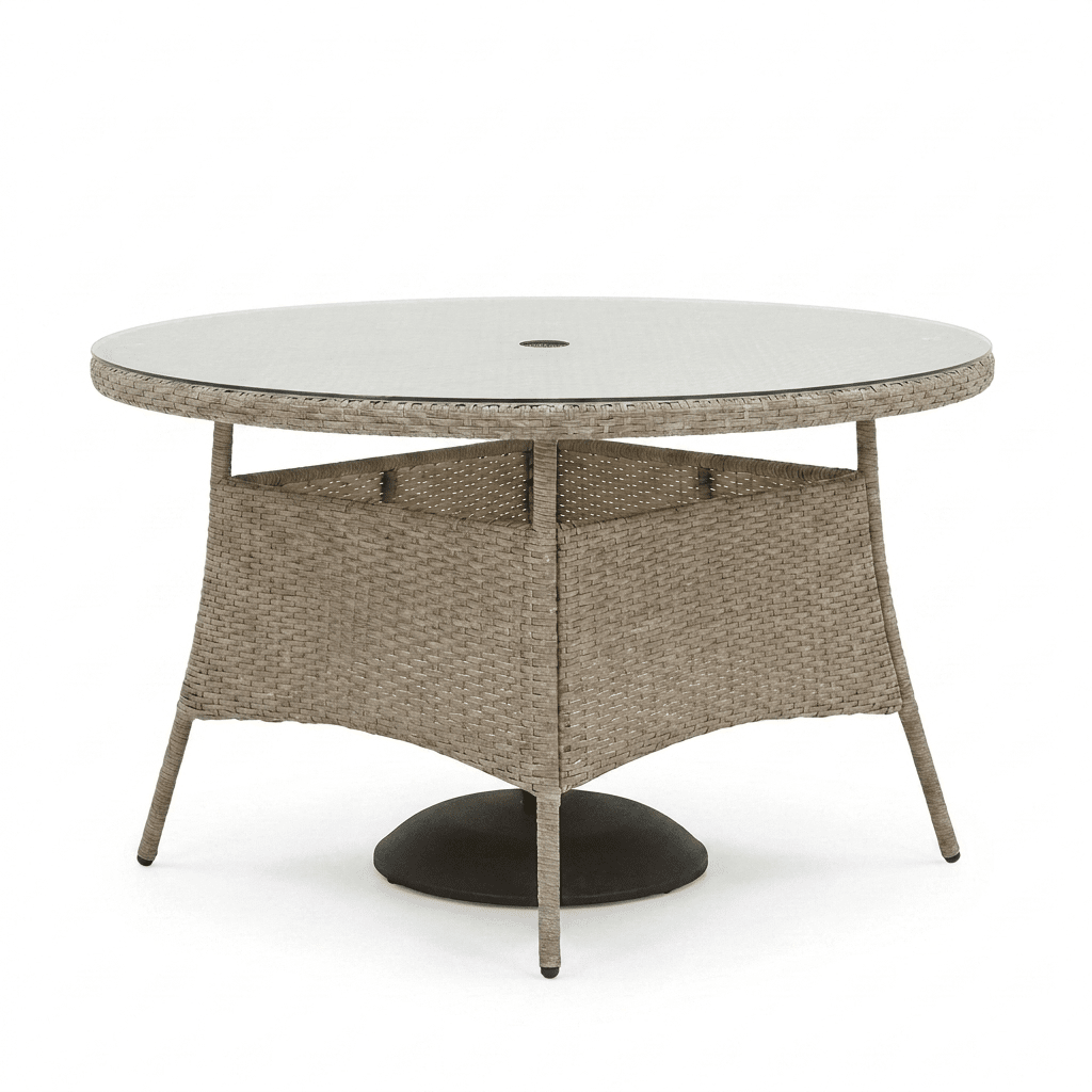 Kemble 6 Seater Round Rattan Garden Dining Table - Light Grey with Clear Glass Top