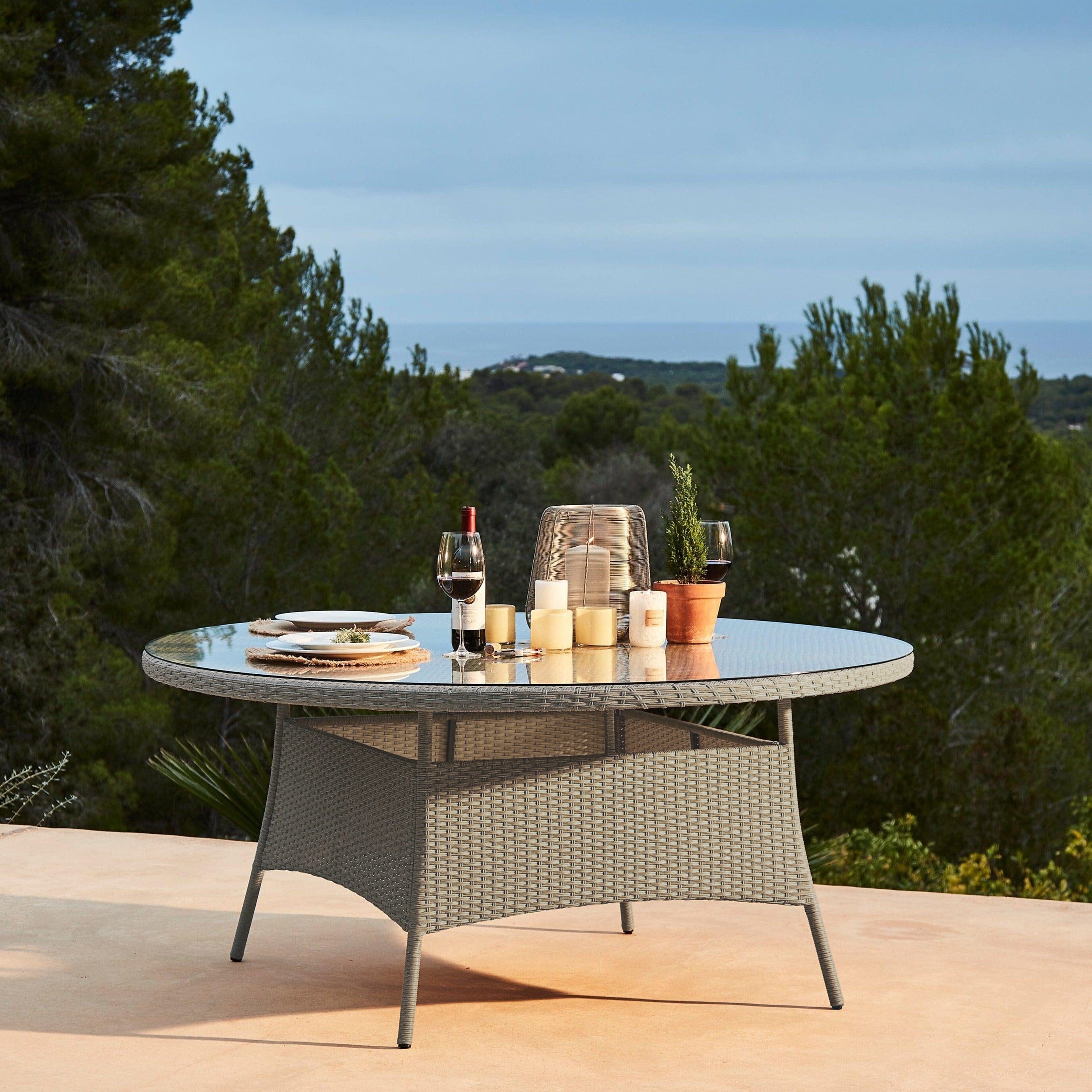 Kemble 8 Seater Round Rattan Garden Dining Table - Light Grey with Clear Glass Top