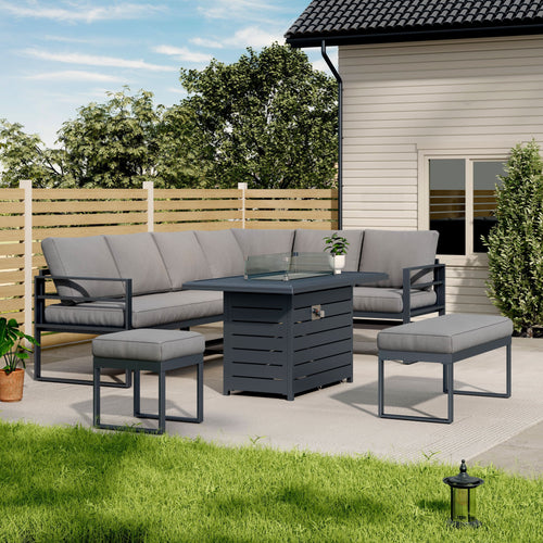 5 Piece Metal Sectional Garden Furniture Set Outdoor Corner Sofa with Cushions and Heated Table