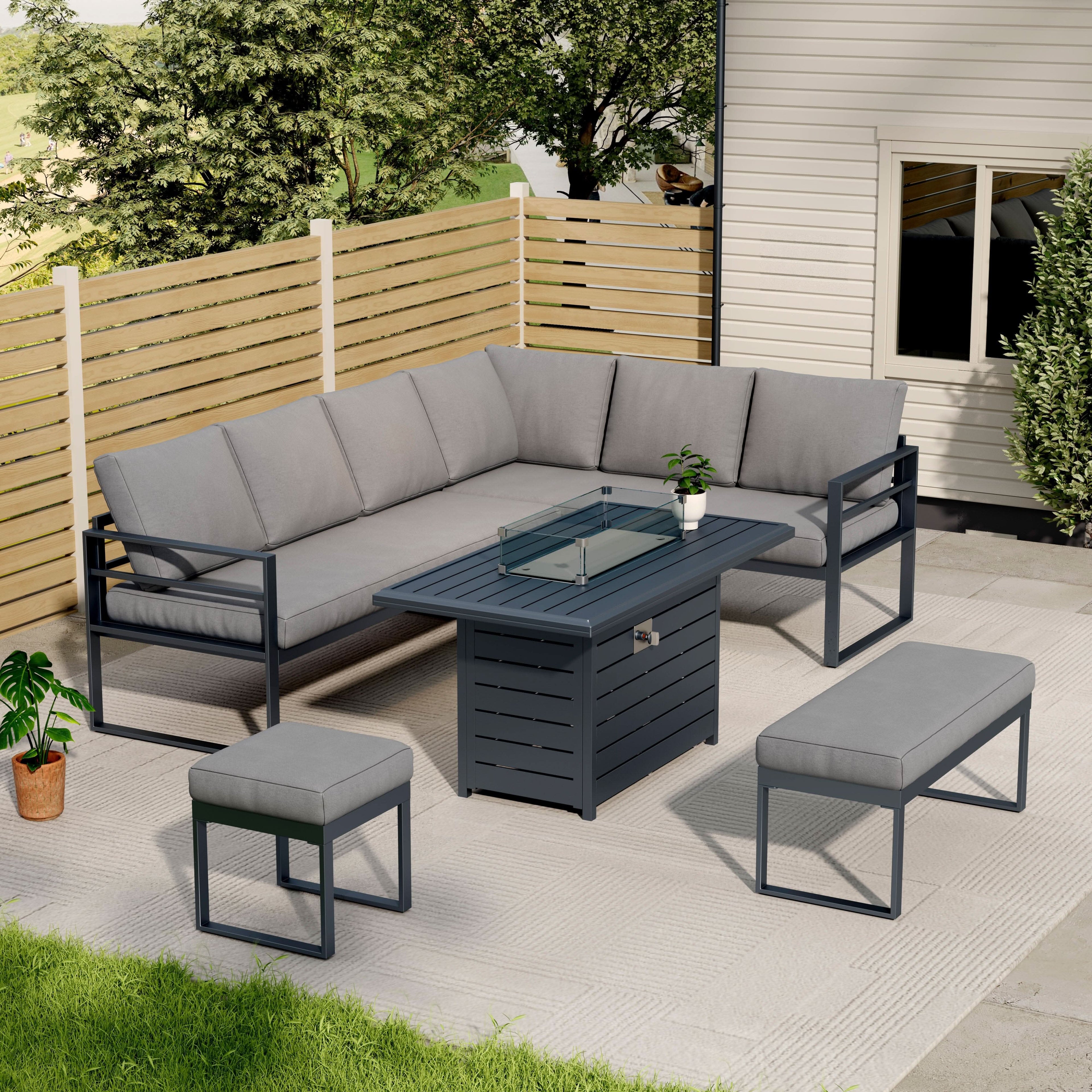 5 Piece Metal Sectional Garden Furniture Set Outdoor Corner Sofa with Cushions and Heated Table