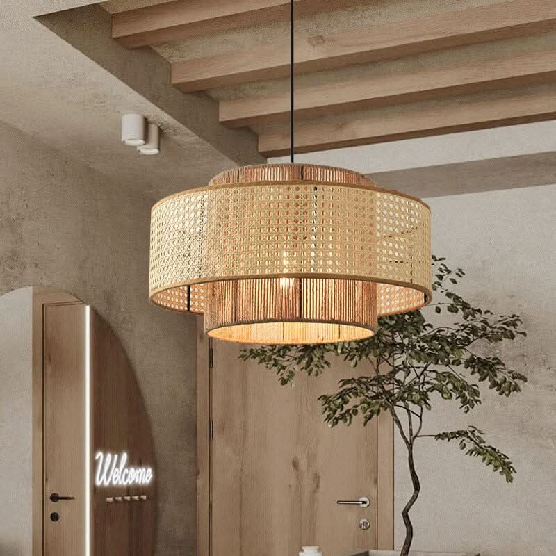 Lightsin Natural Woven Rattan and Hemp Rope Rustic Pendant Light Fixture