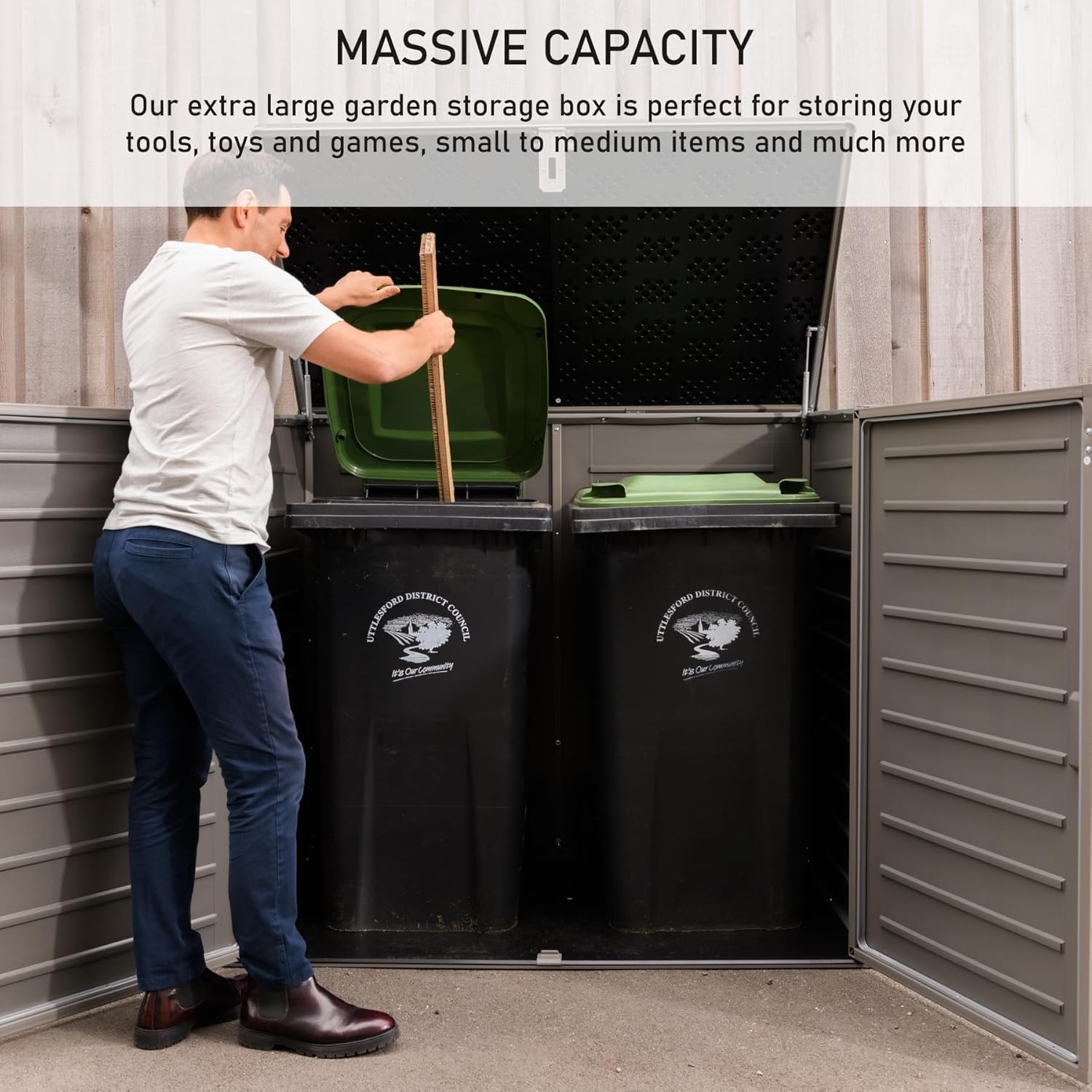 MASSIVE Capacity 1170 Outdoor Garden Storage Box Plastic Shed Garbage - Weatherproof with Wood Effect (1170 Litre)