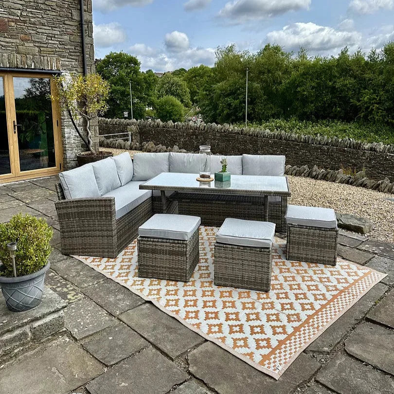 Aston 9 Seater Rattan Corner Sofa Set with Glass Table Top - Grey
