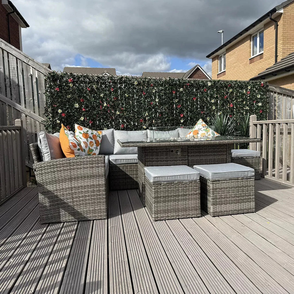 Aston 9 Seater Rattan Garden Corner Sofa Set with Fire Pit - Grey Weave