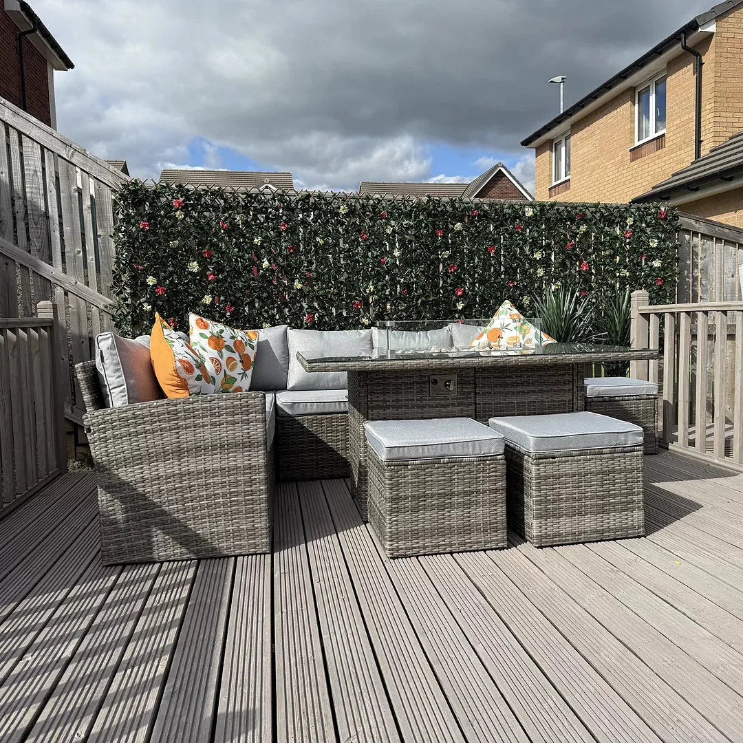 Aston 9 Seater Rattan Garden Corner Sofa Set with Fire Pit - Grey Weave