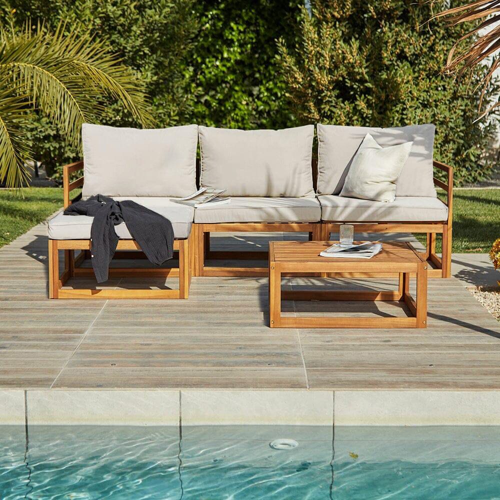 Rowan 3 Seater Wooden Garden Sofa - Footstool & Coffee Table