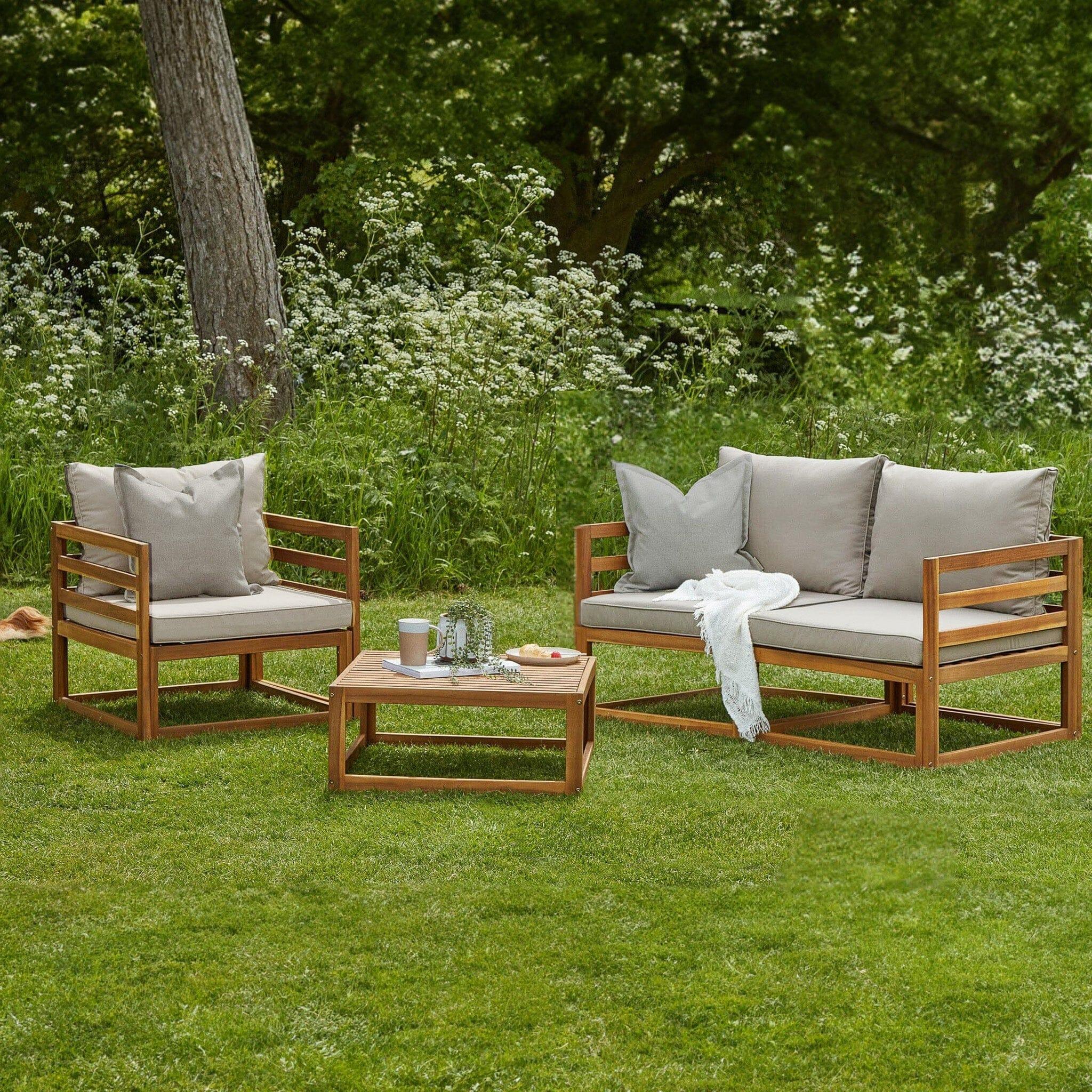 Rowan Wooden 2 Seater Sofa - Armchair & Coffee Table Garden Set - Sand