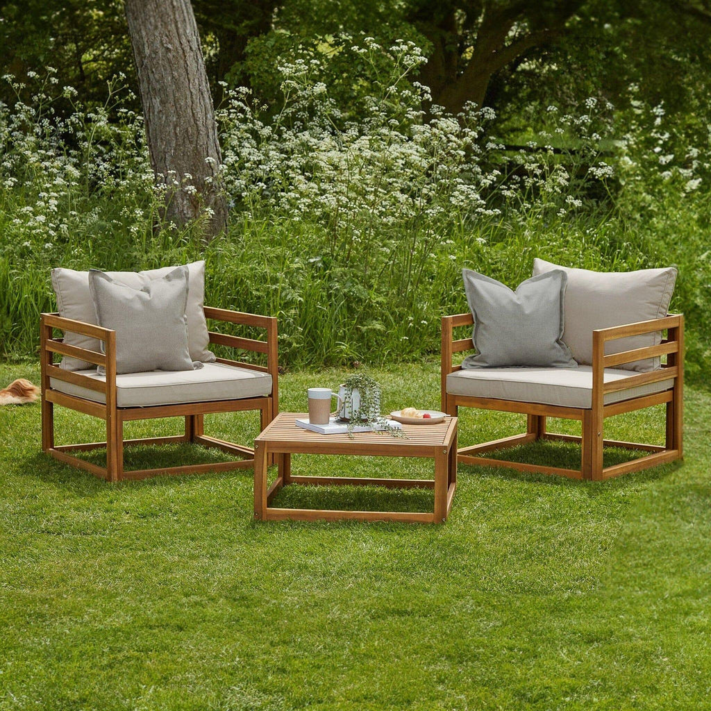 Rowan 2 Wooden Garden Armchairs & Coffee Table - Sand