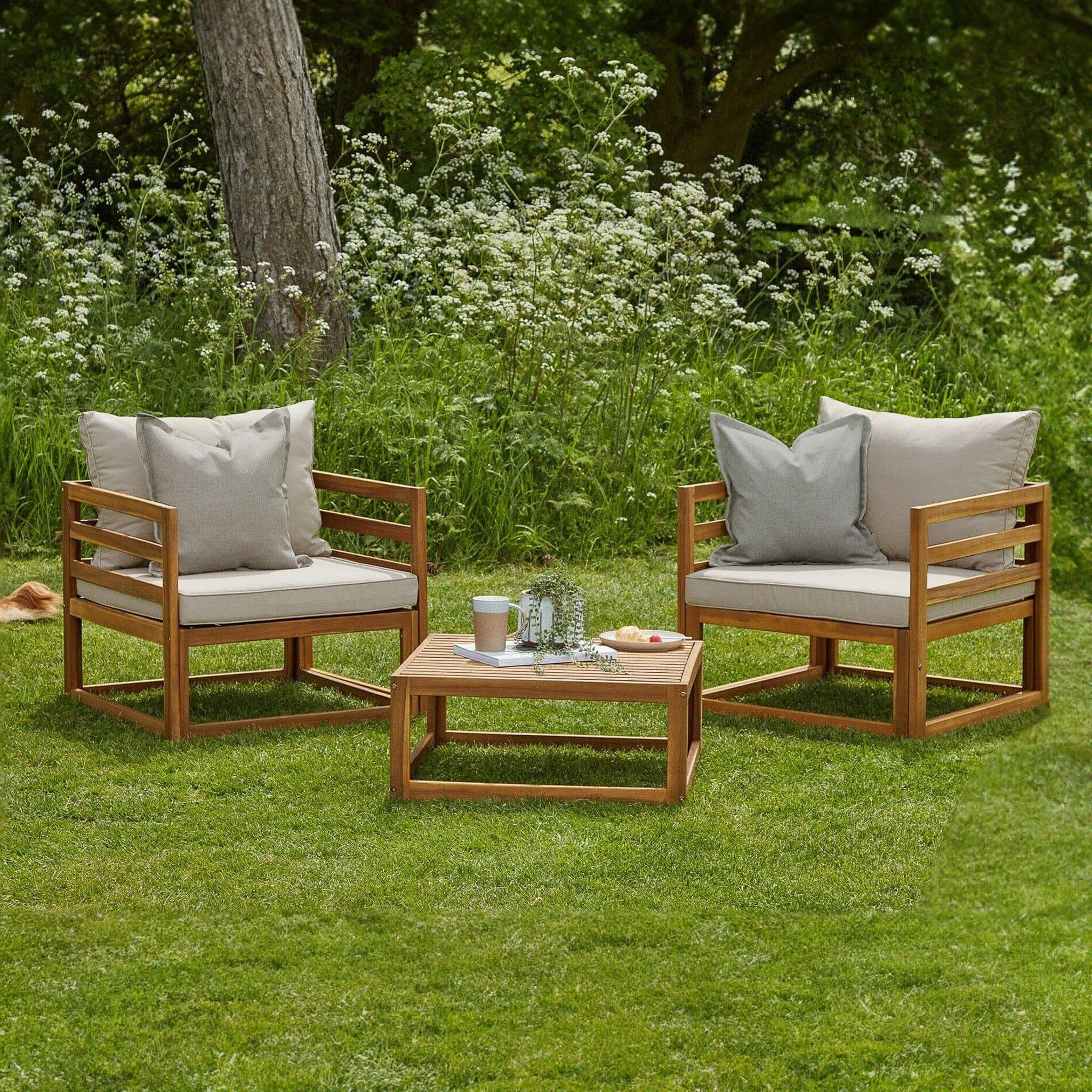 Rowan 2 Wooden Garden Armchairs & Coffee Table - Sand