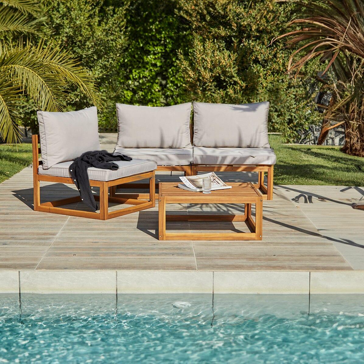 Rowan Wooden Garden Armchair with 2-Seater Sofa & Coffee Table Set - sand