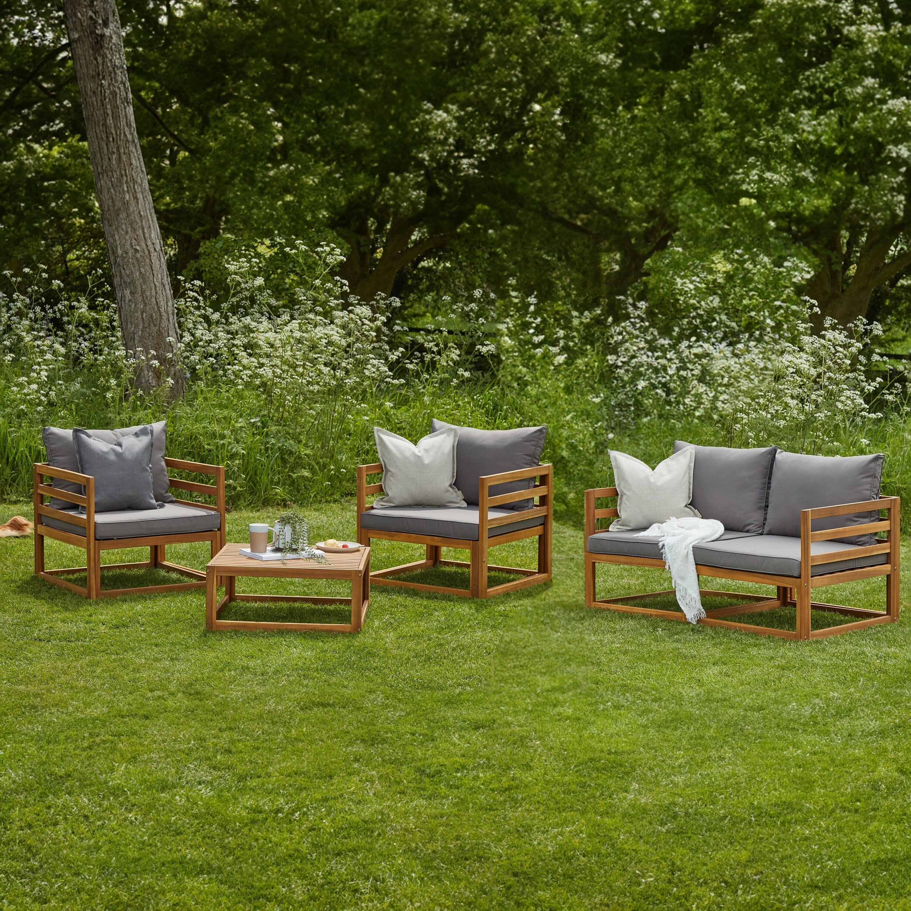 Rowan Wooden Garden Set with 2 Seater Sofa - 2 Armchairs with Coffee Table - Grey