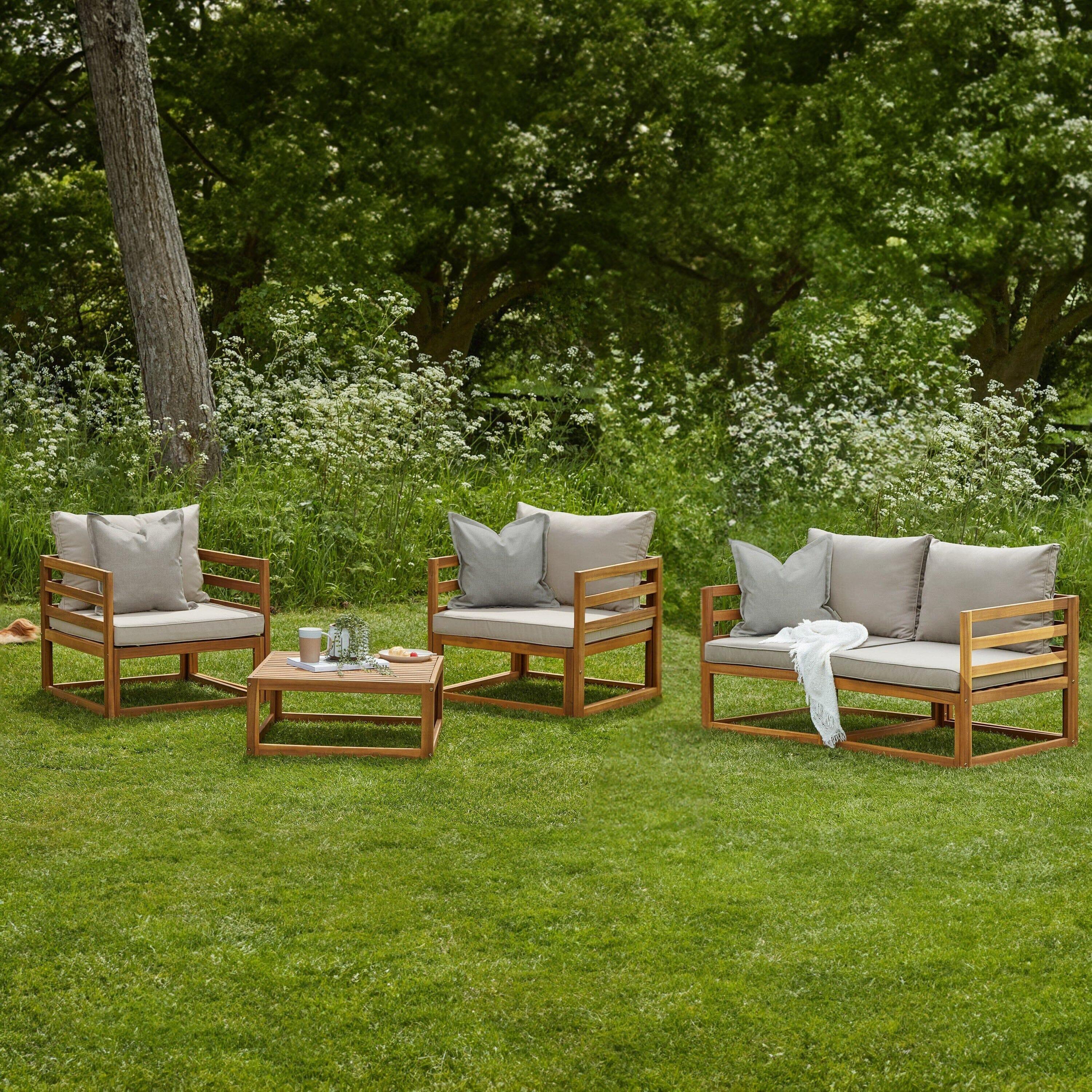 Rowan Wooden Garden Set with 2 Seater Sofa - 2 Armchairs with Coffee Table - Sand