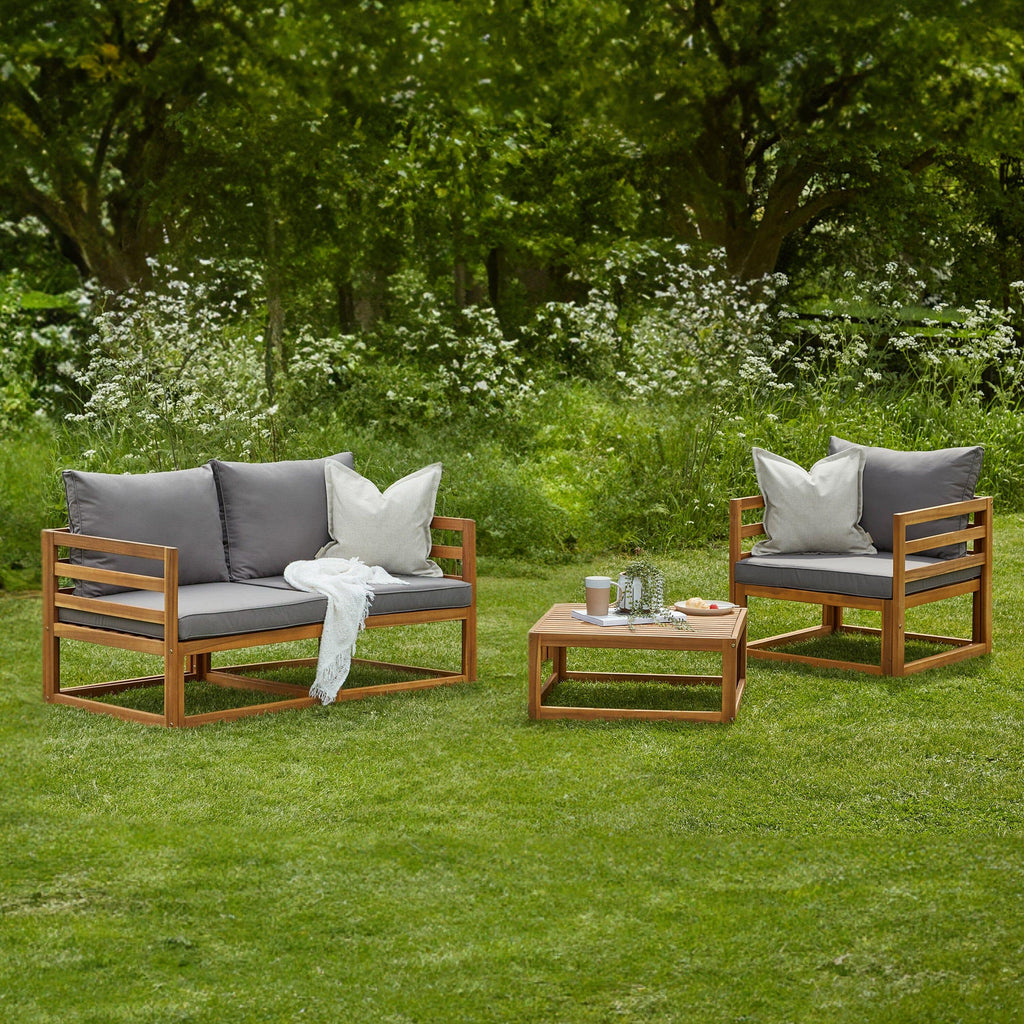 Rowan Wooden Garden Set with 2 Seater Sofa with Armchair & Coffee Table - Grey