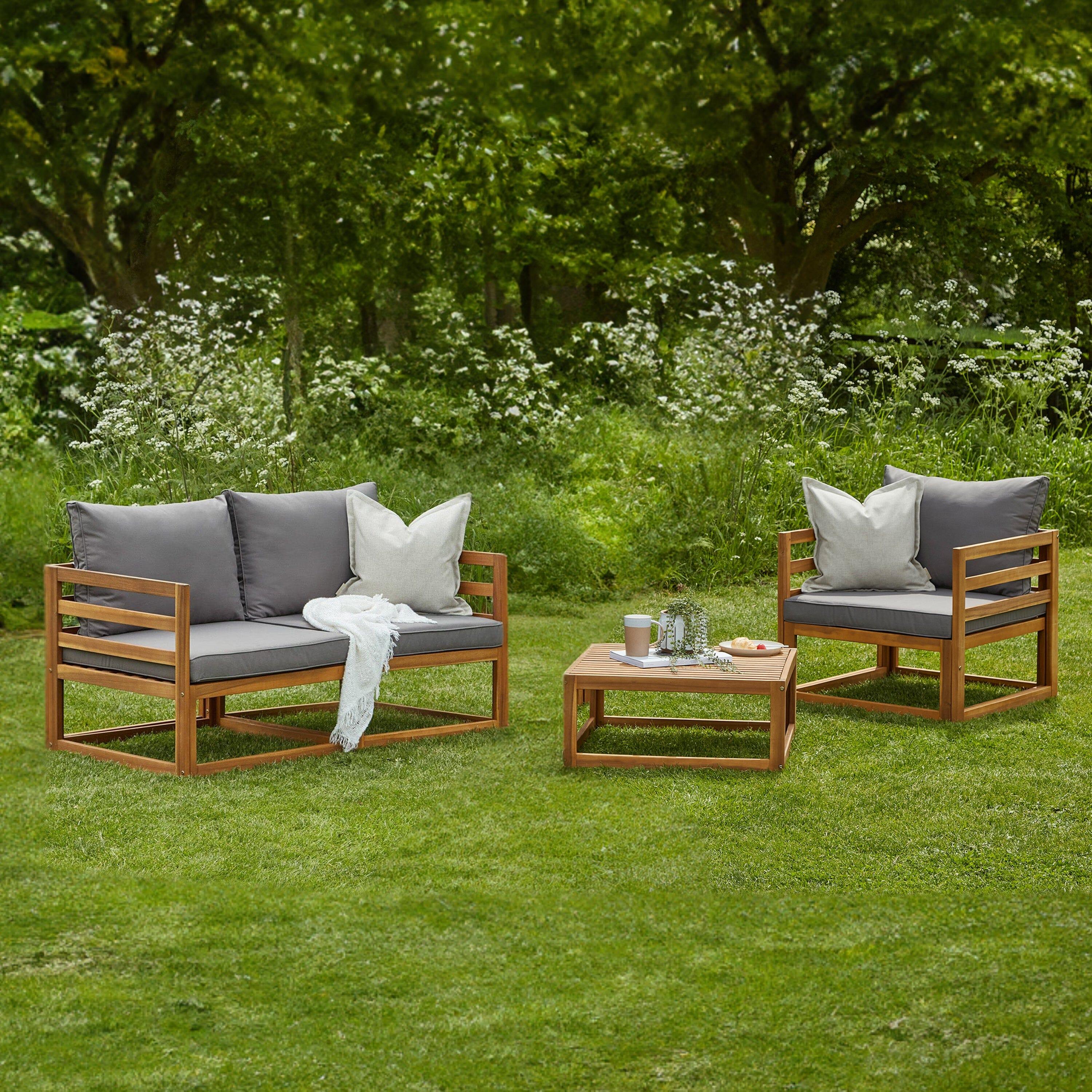 Rowan Wooden Garden Set with 2 Seater Sofa with Armchair & Coffee Table - Grey