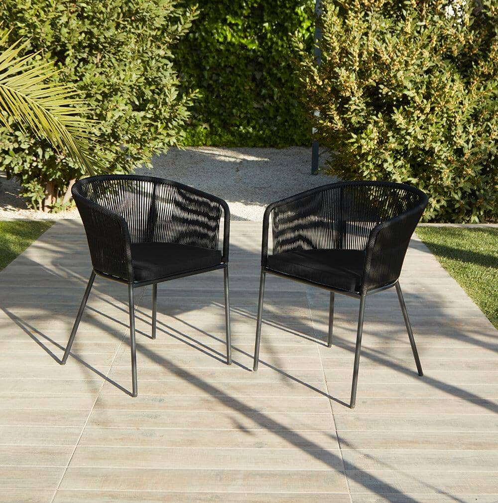 Willow 6 Seater Round Wooden Garden Set with 6 Hali Black Rope Chairs & Round Grey LED Parasol